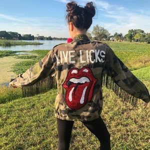 Camo Rolling Stones sequin fringe denim jacket